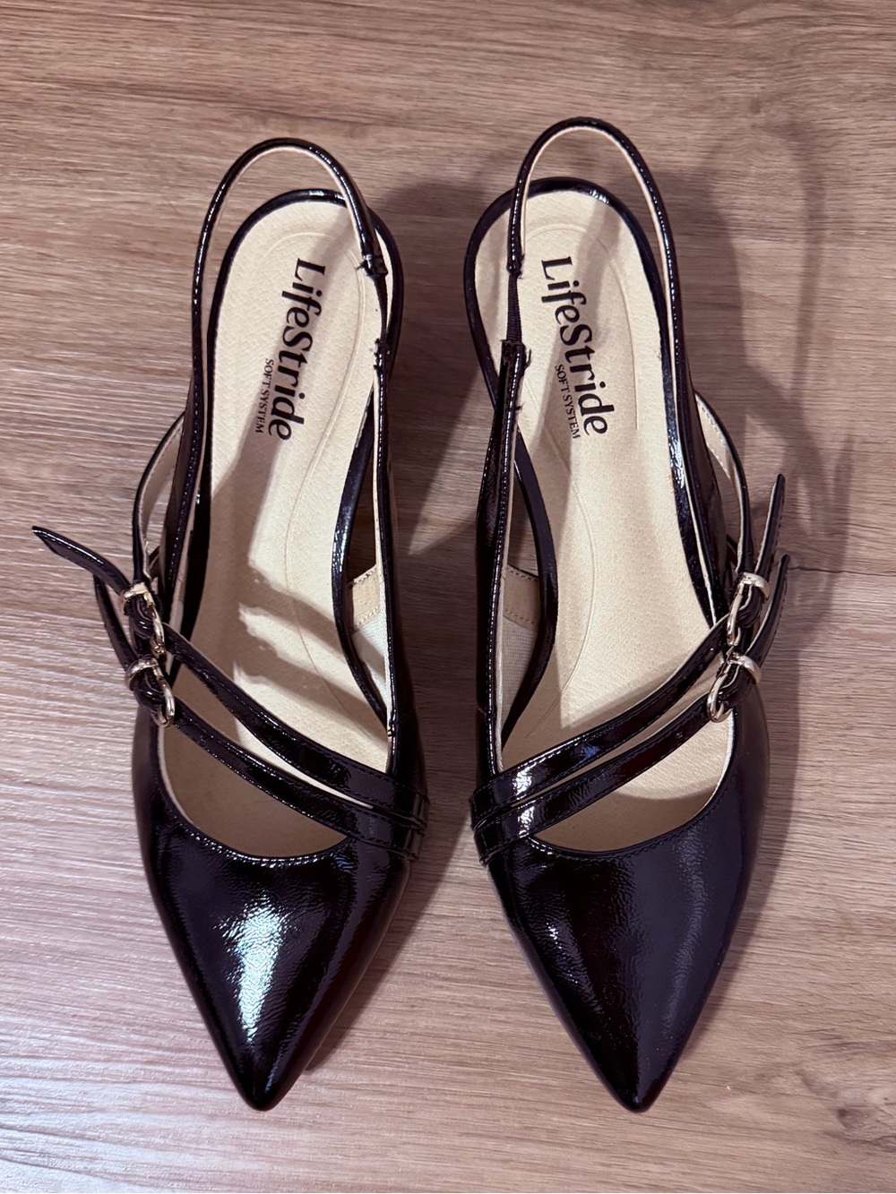 Life Stride Black Patent Slingback Pointed Toe Double-Strap Flats